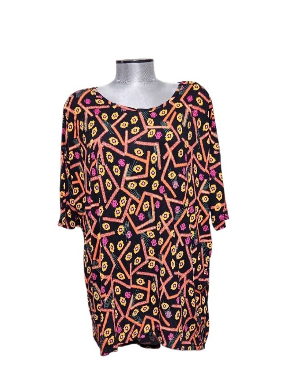 LuLaRoe Irma Tunic Black Base Vibrant Orange, Yellow, Pink Aztec Print (L)
